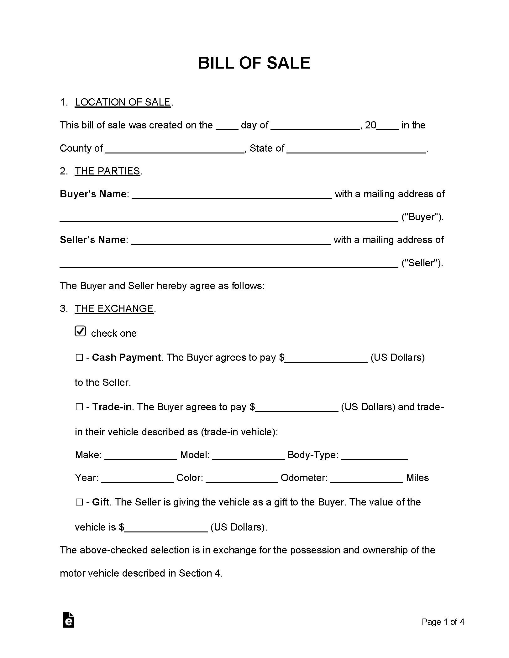 Bill Of Sale Bill Of Sale