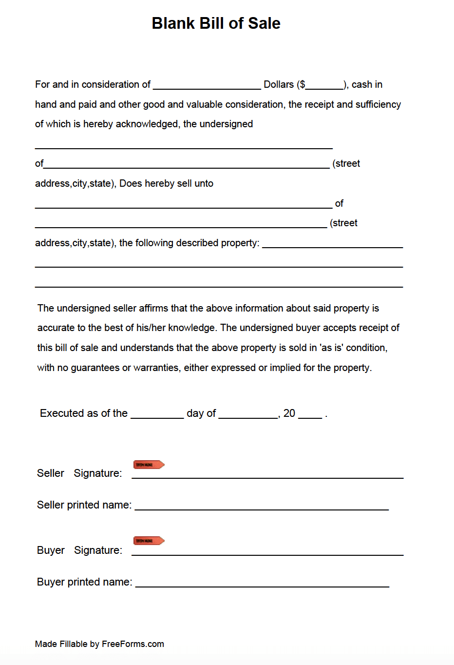Blank Bill Of Sale Form