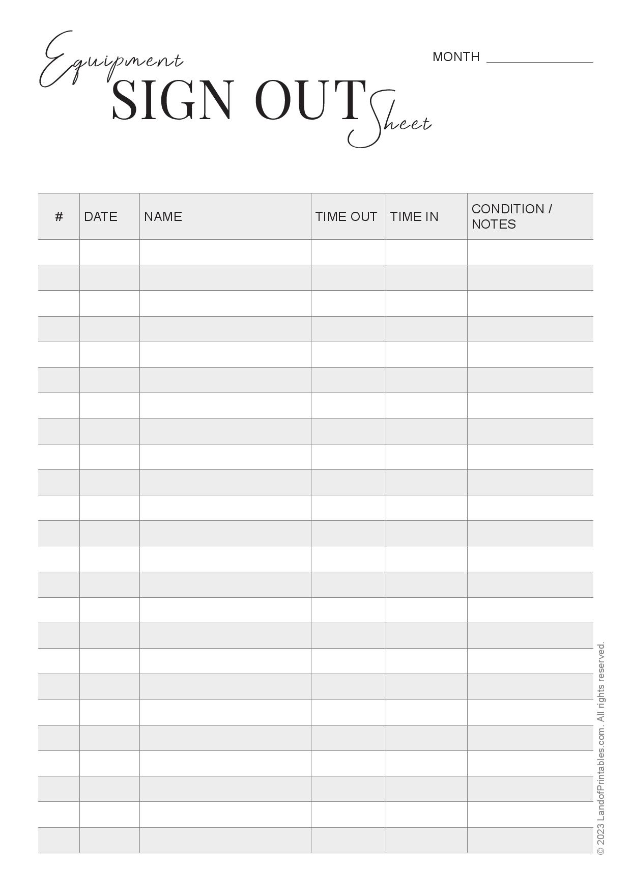 Equipment Sign Out Sheet