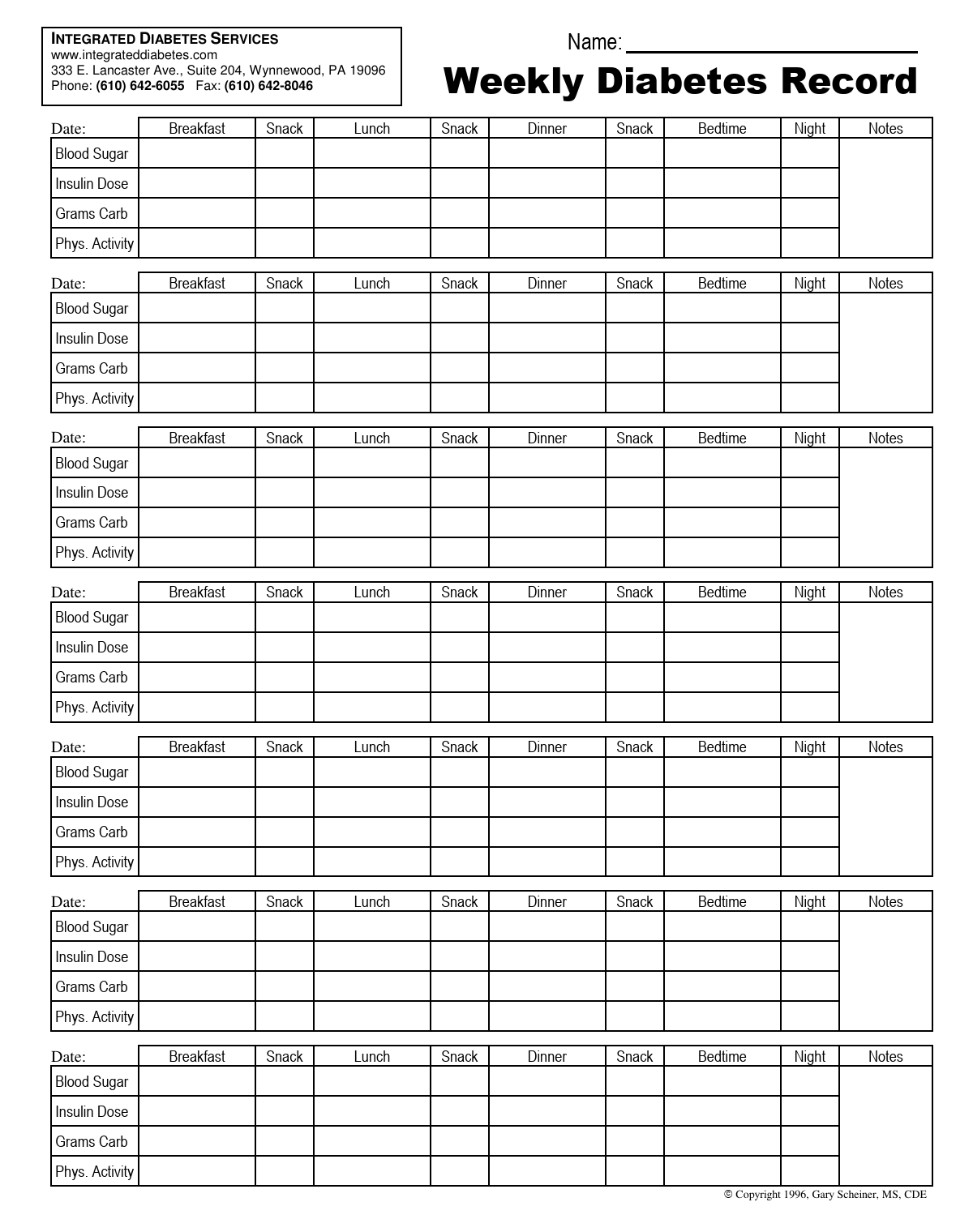 Free Diabetes Log Sheets Charts