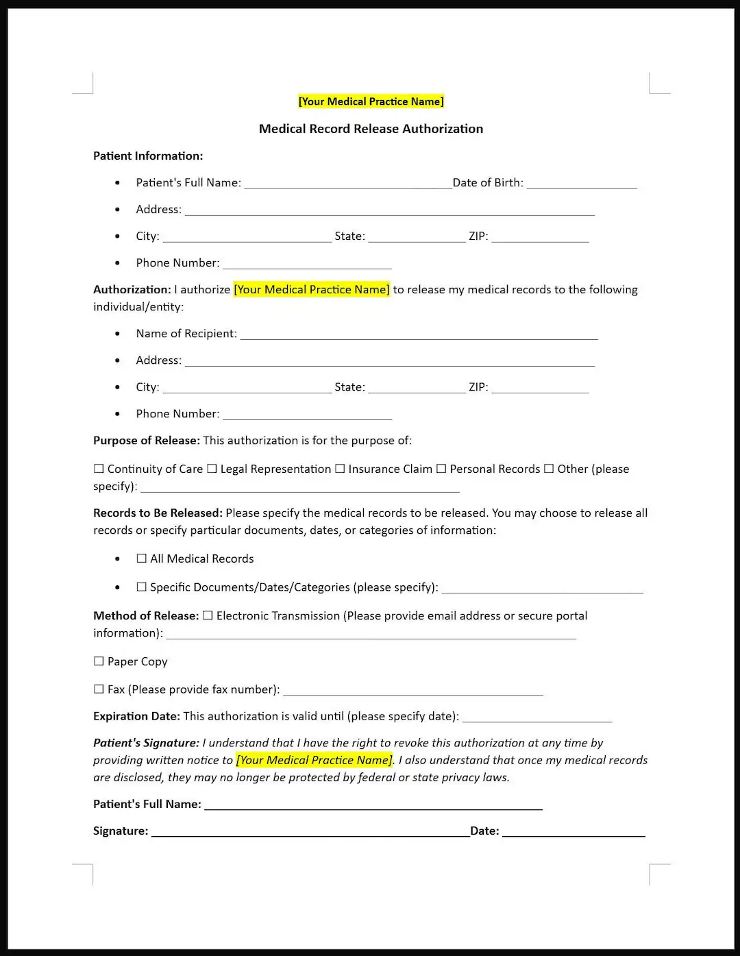 Medical Record Release Authorization