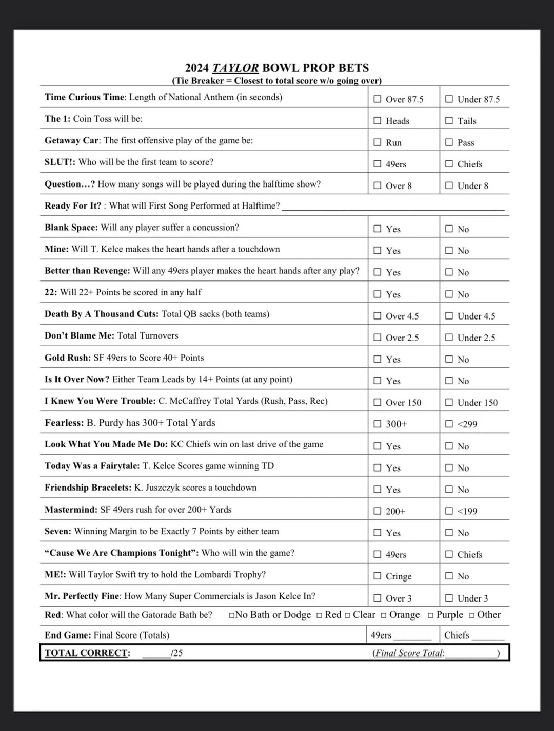 Taylor Themed Super Bowl Prop Bet Sheet Taylor Themed Super Bowl Prop Bet Sheet